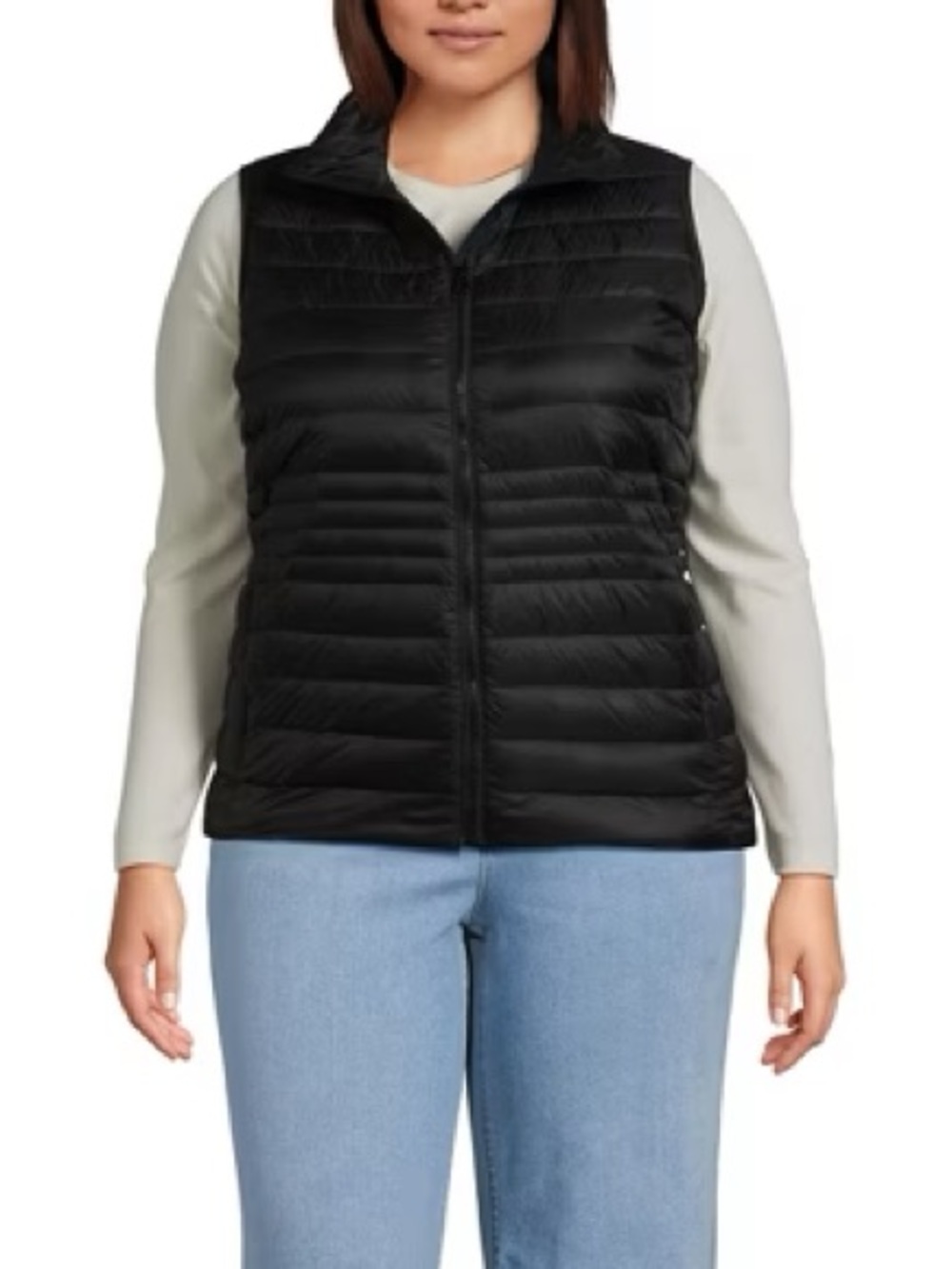 Lands' End Womens Wanderweight Puffer Packable Down Vest Full Zip Black 2X